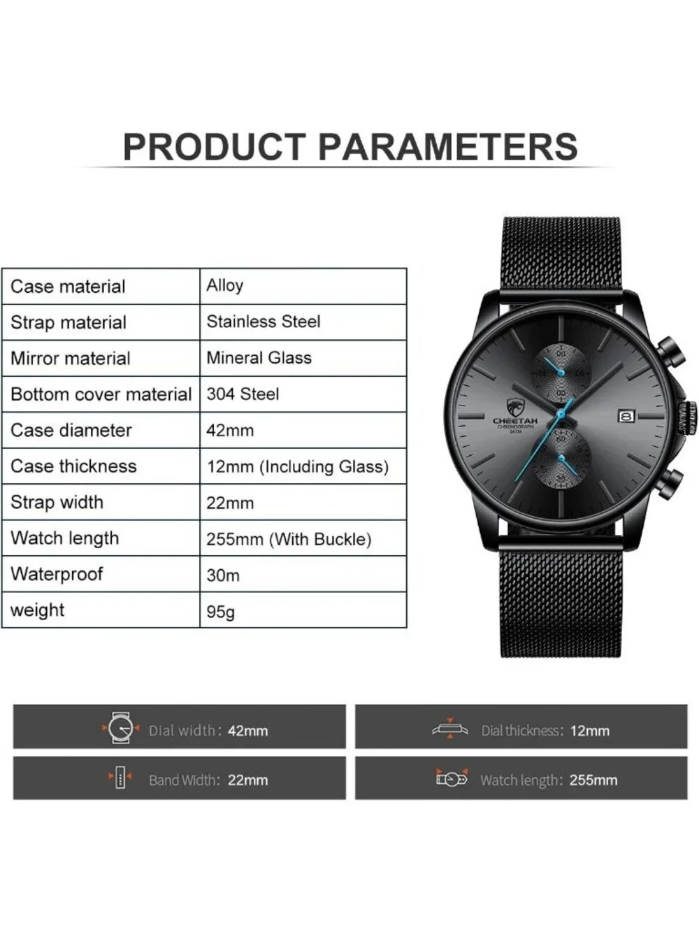 Men's Blue Mesh Stainless Steel Minimalist Quartz Analog Chronograph Wristwatch